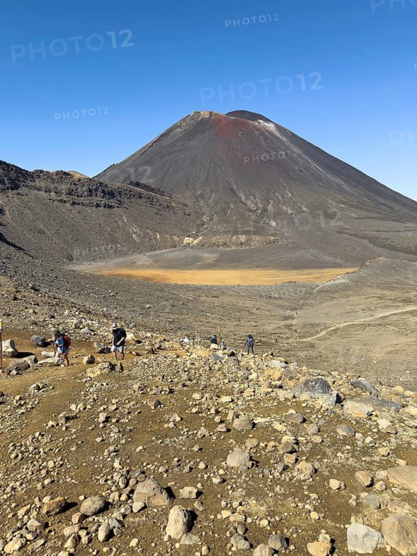 On the hiking trail of the Tongariro Alpine Crossing in Tongariro National Park with a view of the volcano Mount Ngauruhoe, North Island, New Zealand, Oceania