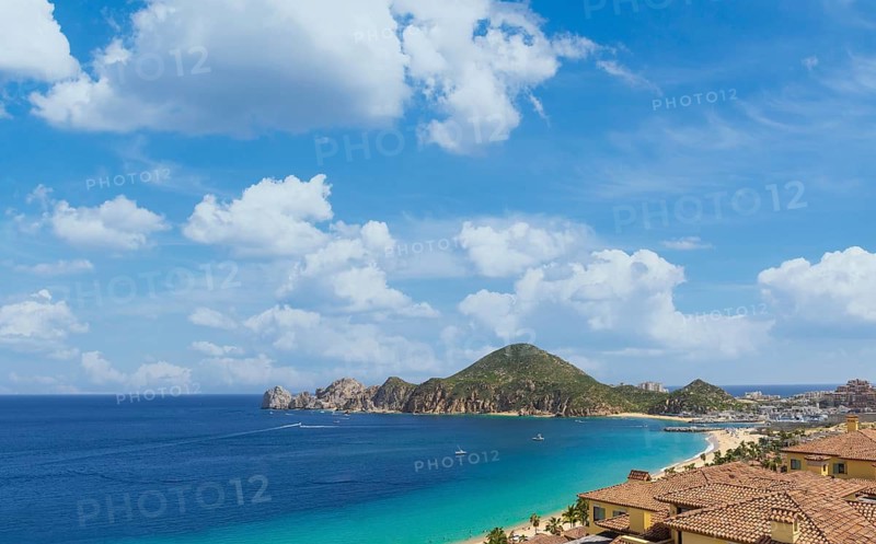 Cabo San Lucas, Mexico, Scenic panoramic aerial view of Los Cabos landmark tourist destination Arch of Cabo San Lucas, El Arco, whale watching and snorkeling spot