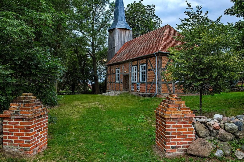 Picturesque view of Zachow village church, a 17th century half-timbered church in Zachow, Groß Nemerow, Mecklenburg-Western Pomerania, Germany