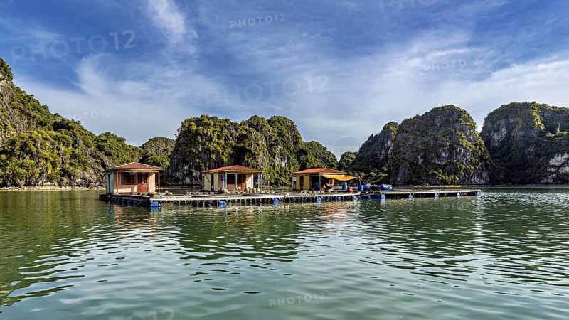 Houseboats on a lake surrounded by limestone cliffs under a blue sky, The floating villages in Halong Bay in Vietnam