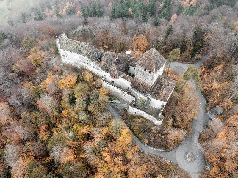 Aerial view of Hohenklingen Castle above Stein am Rhein on a foggy autumn day, Canton Schaffhausen, Switzerland