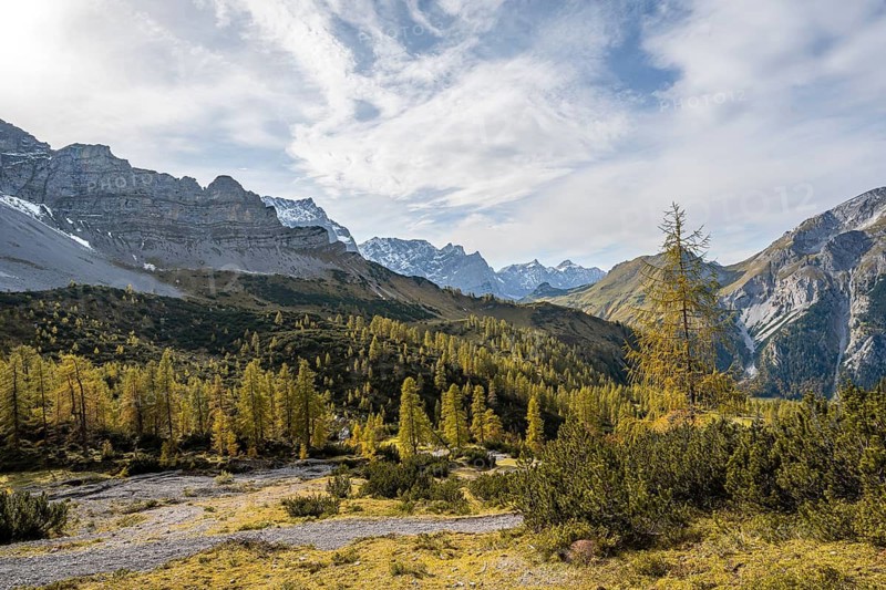 Mountain panorama with steep rocky peaks, yellow-coloured larches in autumn, hike to the summit of the Hahnkampl, Engtal, Karwendel, Tyrol, Austria