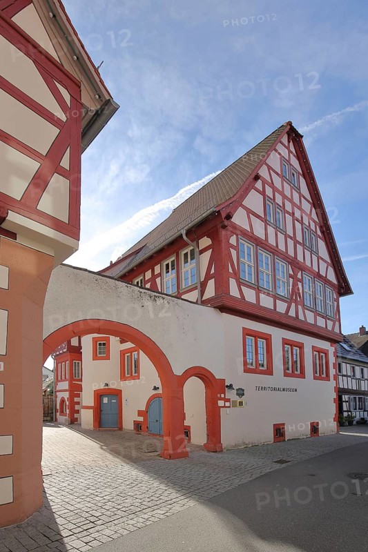 Terrirtorial museum, half-timbered house with archway, Babenhausen, Hesse, Germany