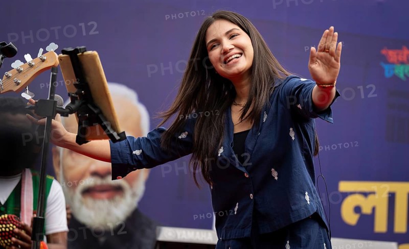 Singer Richa Bharadwaj performs during the Lachit Barphukan Police Academy inauguration on March 15, 2025 in Dergaon, India. The Lachit Barphukan Police Academy, inaugurated by Union Home Minister Amit Shah