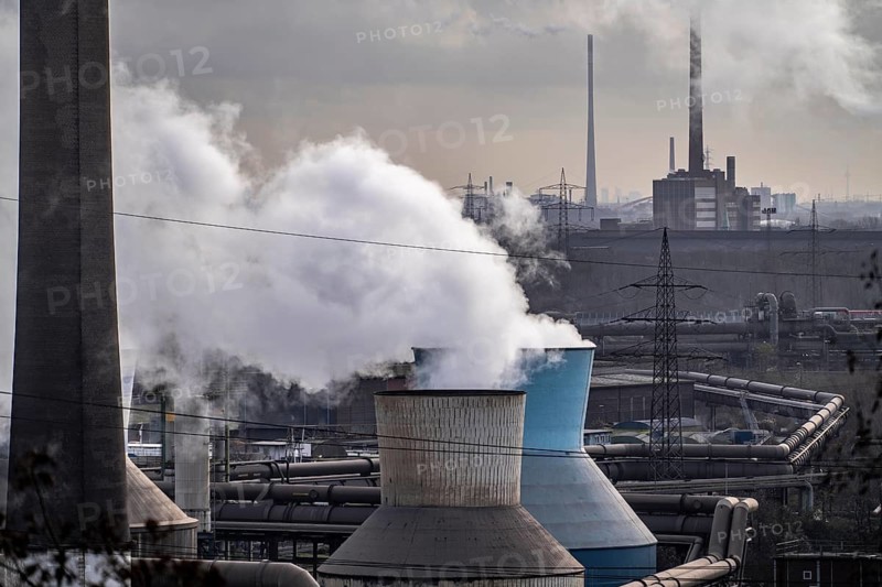 Panorama of the Thyssenkrupp Steel steelworks in Duisburg-Bruckhausen, cooling towers, at the Hamborn power plant, pipelines, in the background the Thyssenkrupp power plant Hermann Wenzel in Ruhrort, North Rhine-Westphalia, Germany