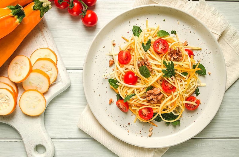 Yellow zucchini salad, with cherry, vegetarian food, sliced into strips, homemade