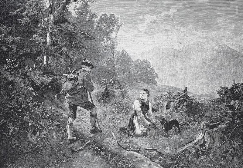 Summer day, hunter meets a woman with a dachshund having a picnic at the edge of the forest, 1895, Bavaria, Germany, reproduction of an original, around 1900, historical, man and woman with dog in a wooded mountain landscape, engraved in black and white