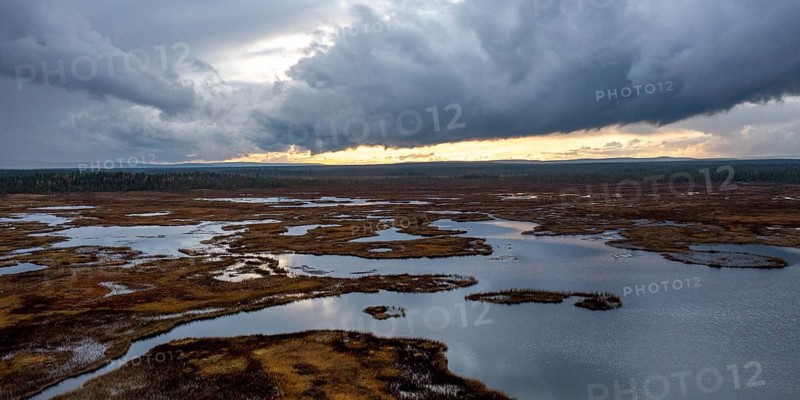 Sunset, drone shot, aerial view, lakes, moor landscape, Lapland, Finland