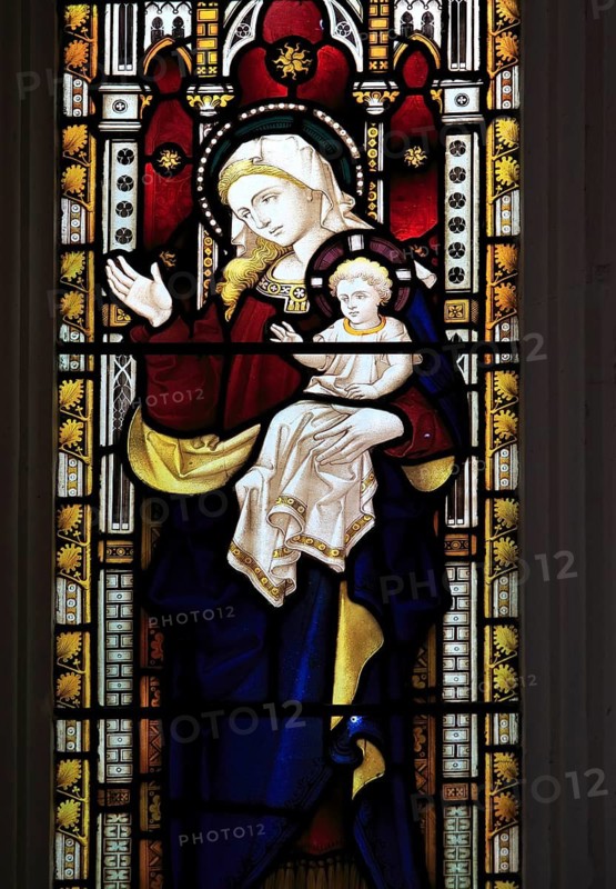 Church of Saint Peter, Charsfield, Suffolk, England, UK stained glass window Blessed Virgin Mary and baby Jesus