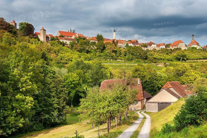 View of the historic old town from the Tauber Valley, Rothenburg ob der Tauber, Franconia, Bavaria, Germany