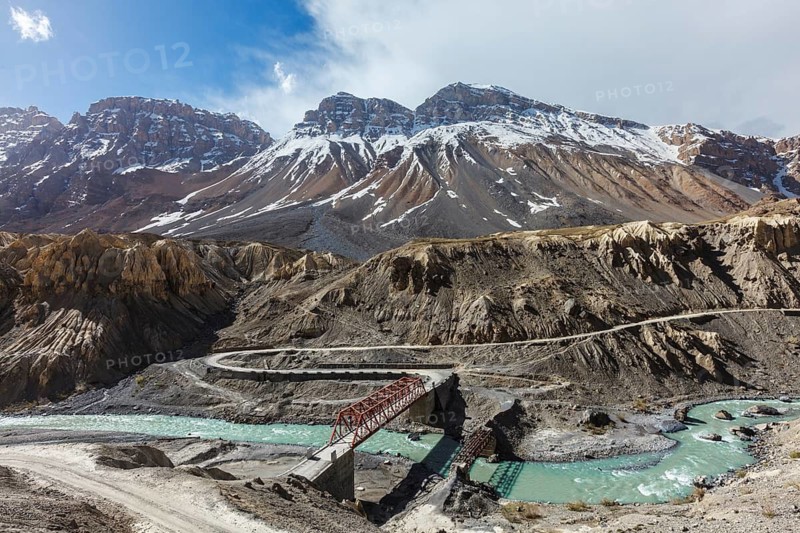 Bridge over Spiti river in Himalayas. Spiti Valley. Himachal Pradesh, India