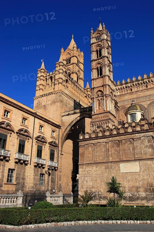 City of Palermo, on the left the Palazzo Arcivescovile, the Archbishop's Palace with the massive west tower connected to the Cathedral Maria Santissima Assunta by pointed arches, UNESCO World Heritage Site, Sicily, Italy