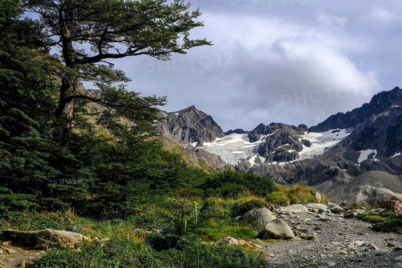 Ushuaia, Tierra del Fuego, Argentina, hiking trail to the Martial glacier on Cerro Martial, Ushuaia's local mountain. Ushuaia is the southernmost city in the world, the end of the world