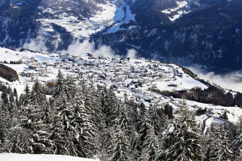 The Serfaus, Fiss, Ladis ski area in winter 2018. The village in the background is Fiss