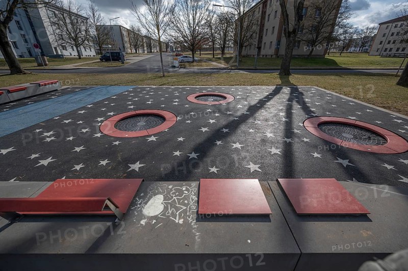Playground with integrated trampolines on the site of the former American Leighton Barracks, now the Hubland residential area, Würzburg, Unterfanken, Bavaria, Germany