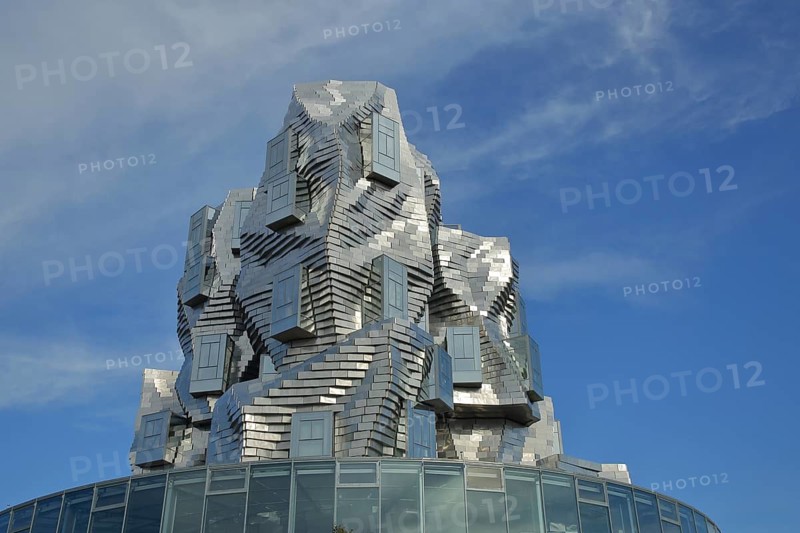 Luma 56m tour by architect Frank Gehry 2021, modern building, silver roof and bizarre spire, quirky, shiny, modernism, deconstructivism, Arles, Bouches-du-Rhône, Camargue, Provence, France