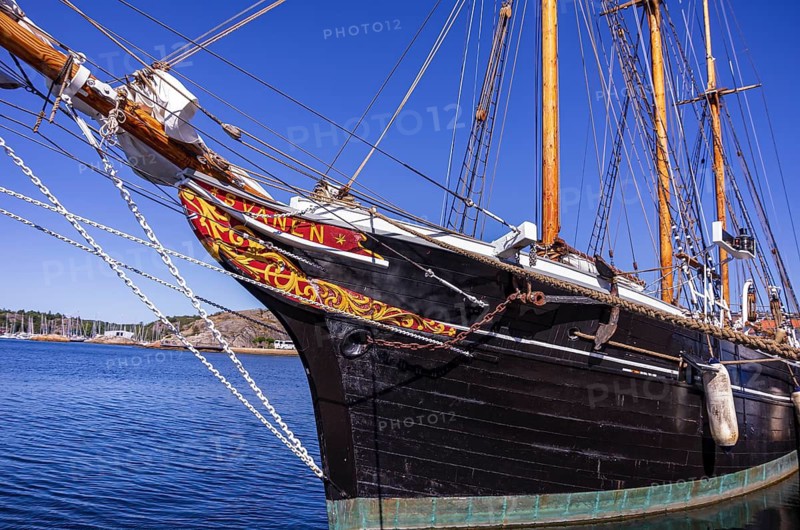 The three-masted schooner SS SVANEN is moored at the quay in the harbour of Strömstad in Bohuslän, Västra Götalands län, Sweden
