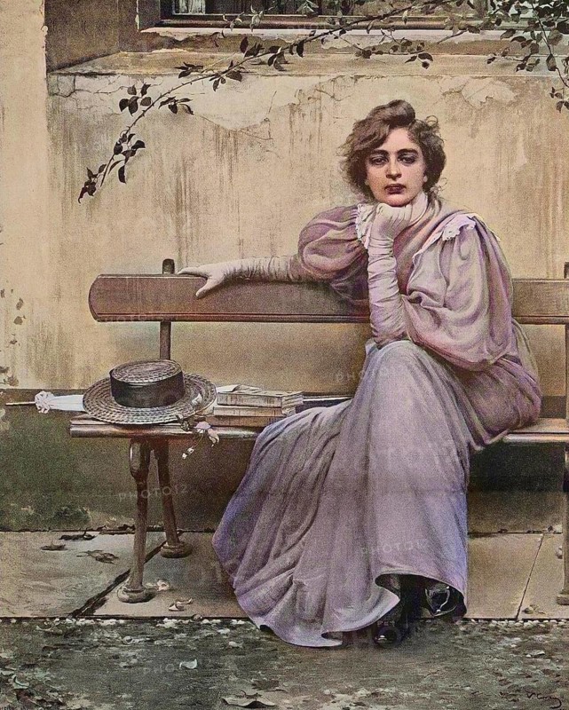 Pretty woman with a dreamy look sitting on a bench, Historical, digital reproduction of an original from the 19th century, original date not known
