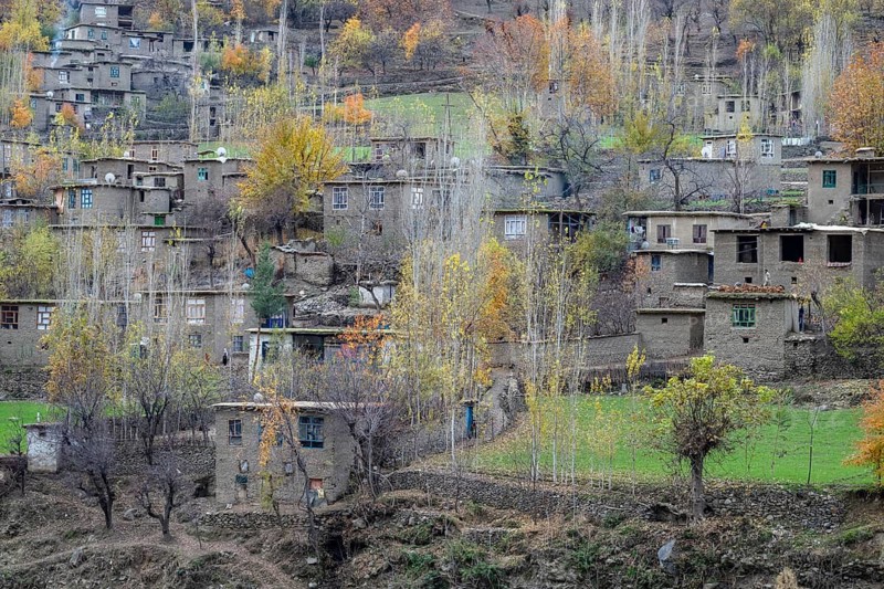 View of an Afghan village on the Panj River, Gorno-Badakhshan Province, Tajikistan, Central Asia