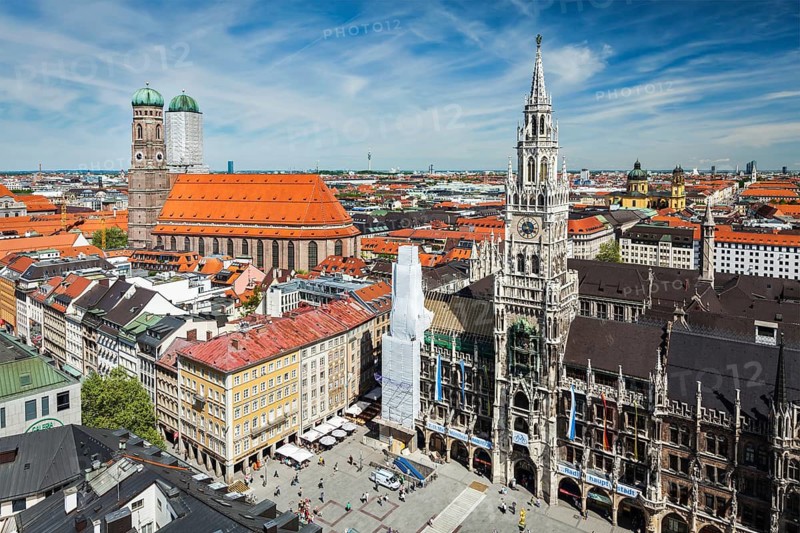 MUNICH, GERMANY, MAY 10, 2012: Aerial view of Munich, Marienplatz, Neues Rathaus and Frauenkirche from St. Peter's church. Munich, Germany