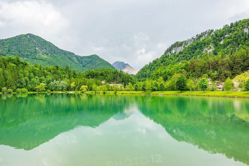 Landscape of Lake Elisabethsee on a rainy day in spring, Austria