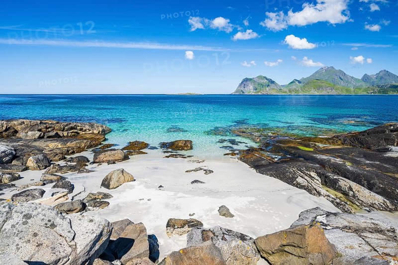 Beach at Myrland, coast and mountains, Flakstadoya, Lofoten, Norway