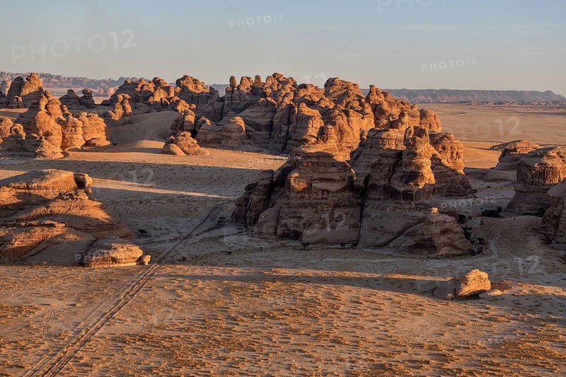 Rock landscape at Jabal Ithlib, blue hour, aerial view, Hegra or Mada'in Salih, AlUla region, Medina province, Saudi Arabia, Arabian Peninsula