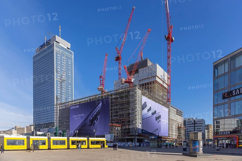 View of Alexanderplatz in Berlin by tram. Covivio Tower construction site. Berlin, Germany