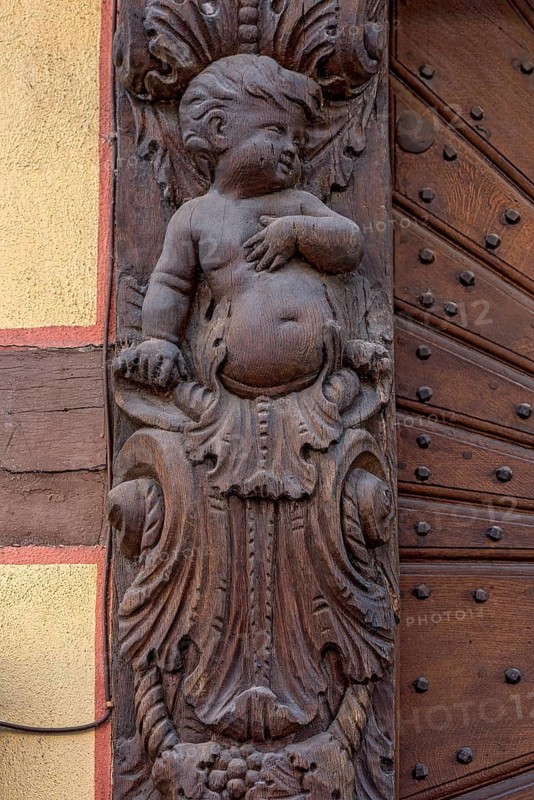 Hotel Nassau Oranien, historic half-timbered house, baroque, putti on the portal, carving by Johann Neudecker, wood, decor, Nassauer Hof, starred restaurant Grand Mére & Gud Stubb, Borngasse, old town, Hadamar, Limburg-Weilburg, Westerwald, Hesse, Germany