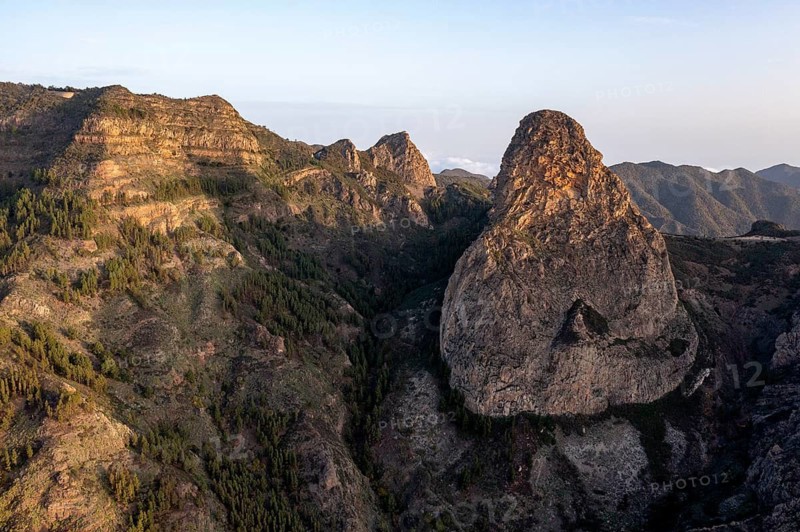 Roque de Agando rock tower at sunrise, Monumento Natural de los Roques, La Gomera, Canary Islands, Spain