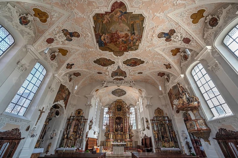 Interior of the parish church of St. John the Baptist, built in 1475 as a Gothic church, baroqueised from 1732 to 1755, Hiltpoltstein, Middle Franconia, Bavaria, Germany