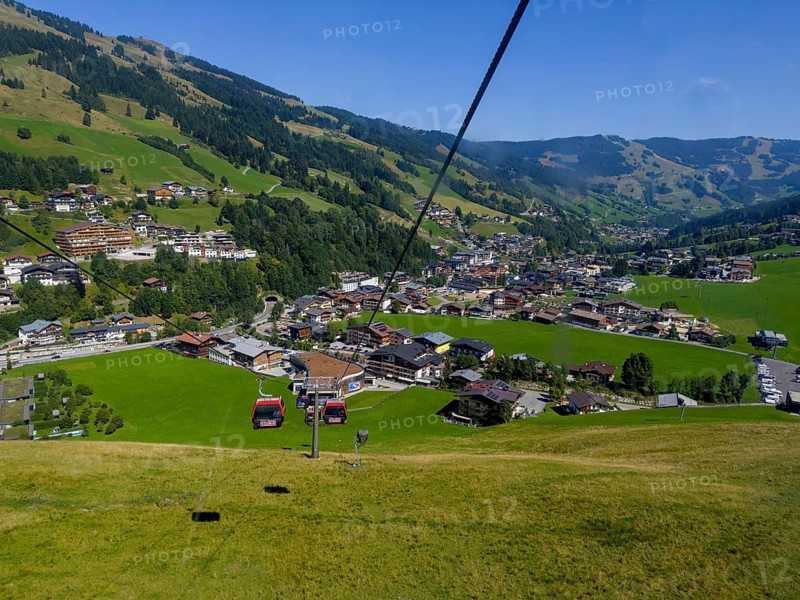 Tyrolean mountains near Saalbach-Hinterglemm, 12er Kogel cable car with view of Saalbach, Tyrol, Austria