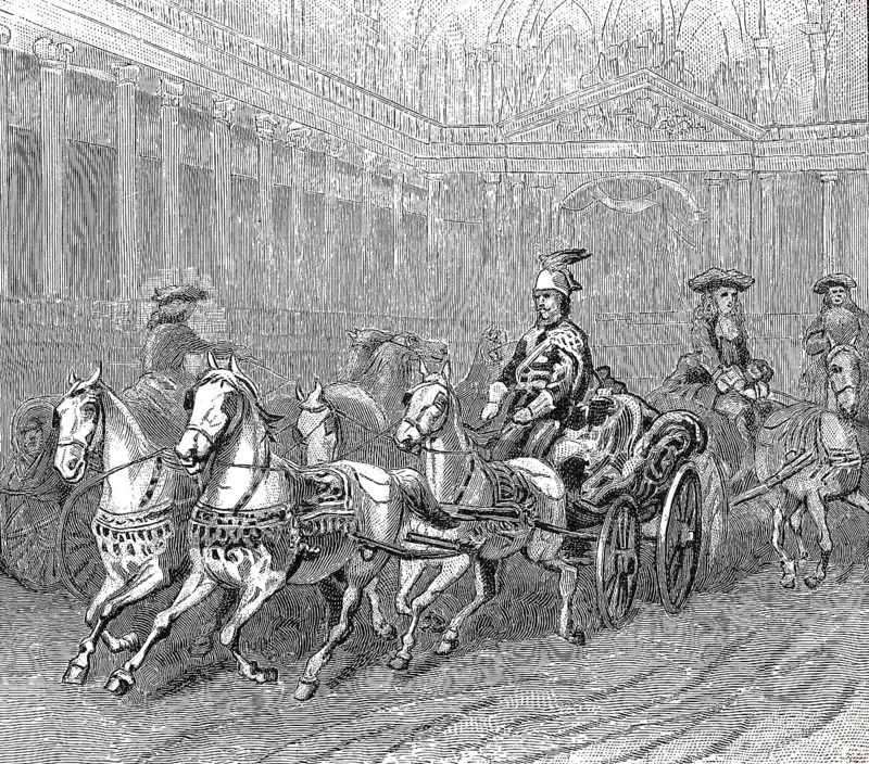In the Vienna Winter Riding School around 1895, soldiers practising the carousel, four-in-hand with Archduke Otto's shell carriage, digital reproduction of an original 19th century model, historical