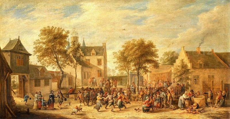 A carnival with cheerful villagers in the market square, painting by David Teniers (baptised 15 December 1610 in Antwerp, died 25 April 1690 in Brussels), Flemish painter, draughtsman and curator. He was an innovator in a variety of genres such as history painting, genre painting, landscape, portrait and still life. He is most remembered today as the leading Flemish genre painter of his time, reproduction from a 17th century painting. Authentic, file restored for optimal use, exact date of original unknown