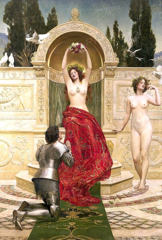 A man in armour kneels in front of two naked woman, one with a red cloth and the other naked, with mythological and antique elements. Tannhäuser en el Venusberg, legendary motif known since the Middle Ages, painting by John Maler Collier (28 January 1850, 11 April 1934), British writer and painter, Historical, digitally restored reproduction from a 19th century original, Record date not stated