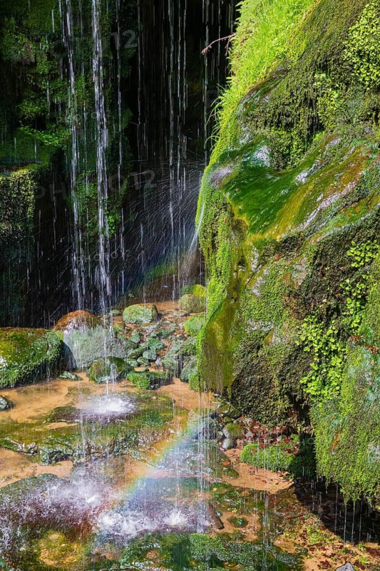 Splashing water of the Amsel Falls, a waterfall near the village of Rathen in Saxon Switzerland National Park, Saxony, Germany