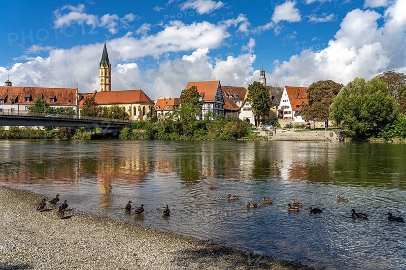Danube beach and town view, Lauingen Danube, Bavaria, Germany