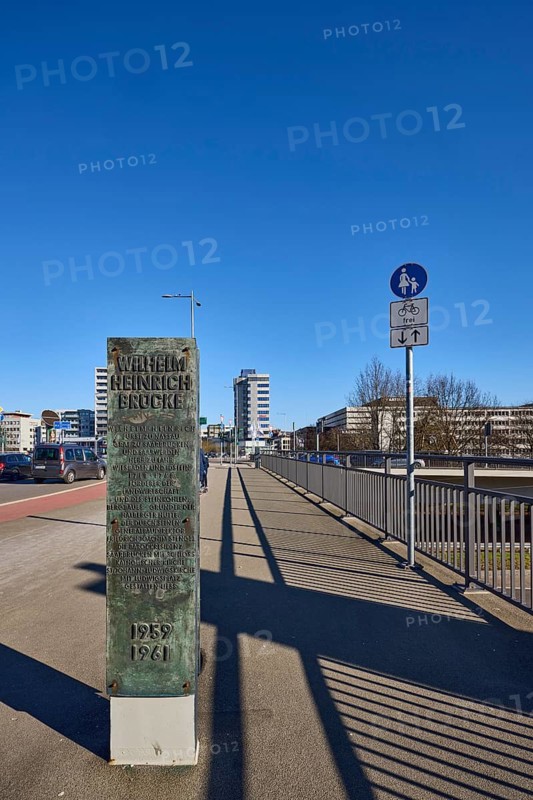 Footpath and cycle path, metal railing, general architecture, stele with explanations of the building, blue sky, cloudless, Wilhelm-Heinrich-Brücke, Saarbrücken, state capital, regional association Saarbrücken, Saarland, Germany