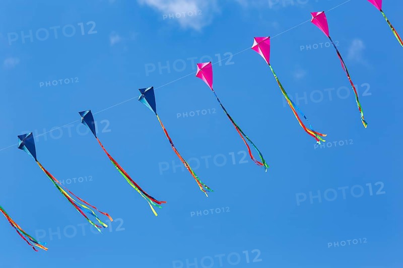 Strung kites flying in the blue sky, garland, kite festival in Vinsebeck, Steinheim, Eggegebirge and Southern Teutoburg Forest nature park Park, Weserbergland, North Rhine-Westphalia, Germany