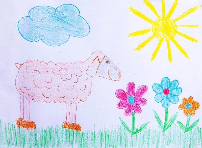 Naive illustration, sheep standing in a flower meadow, sunshine and clouds