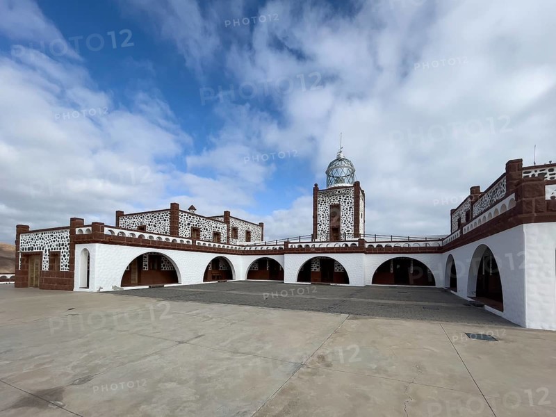 View of inner courtyard of building complex of lighthouse Faro de la Entallada from 50s year 1953 1954 with large glass dome, Las Playitas, Tuineje, Las Palmas, Fuerteventura, Canary Islands, Spain