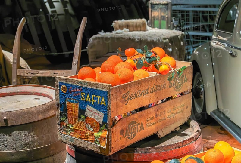 Box of oranges is in the hold of the former freighter Cap San Diego, museum ship in the Port of Hamburg, Germany