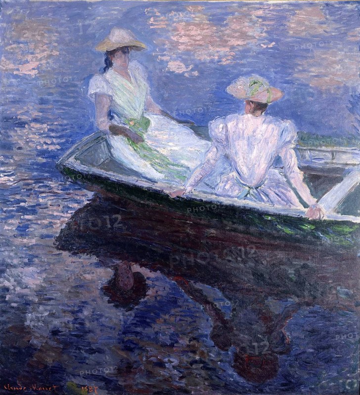 Claude Monet (b. 14 November 1840 in Paris as Oscar-Claude Monet, d. 5 December 1926) important French painter, Impressionist style. Here is his work, On The Boat, Two Women in a Boat on a Lake in an Evening Mood