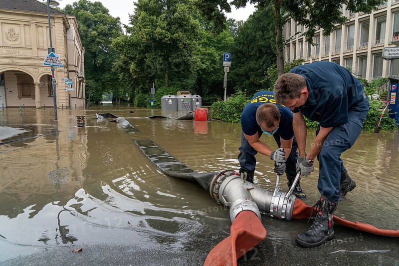 Flood on the Ruhr, after long heavy rainfall the river left its bed and flooded the countryside and villages, the highest water level ever recorded, the fire brigade pumps water out of the streets, Mülheim an der Ruhr, North Rhine-Westphalia, Germany