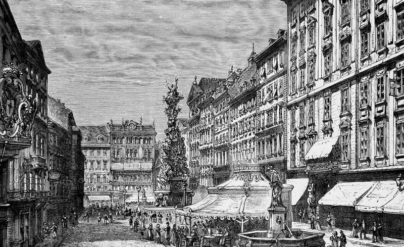 The Graben, old market square, today a shopping and promenade for luxury goods, in the centre the baroque Viennese plague column column from 1679, 1st district of the Austrian capital Vienna, fountain, many people, buildings with rich ornamentation, architecture, travel, Austria, historical illustration 1885