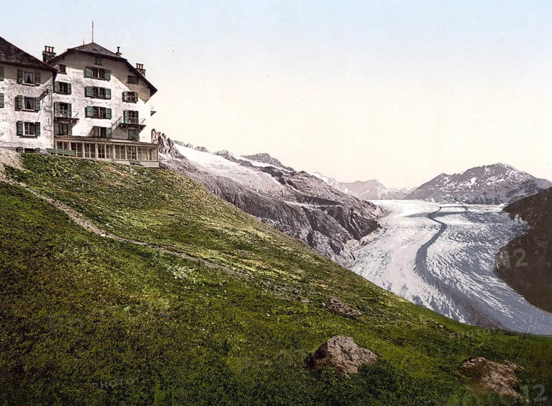 The Great Aletsch Glacier is the largest and longest glacier in the Alps in terms of area, Valais, Switzerland / Aletsch, glacier and Belalp Hotel, Valais, Alps of, Switzerland, Historical, digitally restored reproduction from a 19th century original, Record date not stated