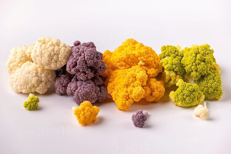 Different colored cauliflower presented on a light background