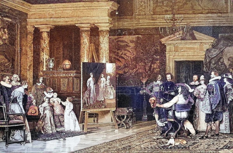 Charles I of England in van Dyck's studio, coloured wood engraving, reproduction from a model from ca 1888, Historical, Baroque scenery in a magnificent room with noblemen and painting in the centre