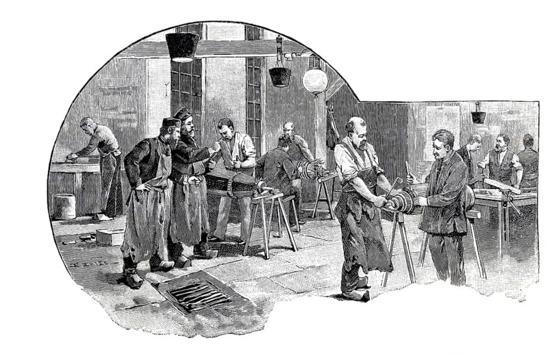 Manufacture of dynamo machines at Berliner Elektrizitätswerke, 1890, Germany, illustration, reproduction from a model from the 19th century. Authentic, file restored for optimal use, exact date of submission unknown, historical