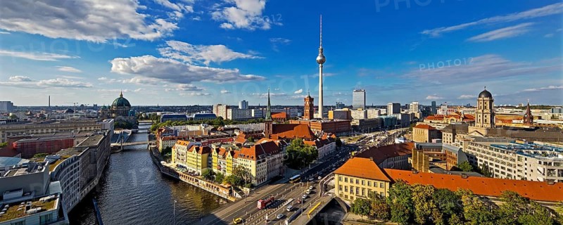 City panorama with Spree, Cathedral, Nikolai Quarter, Red Town Hall, TV Tower and Old Town House, Berlin-Mitte, Berlin, Germany